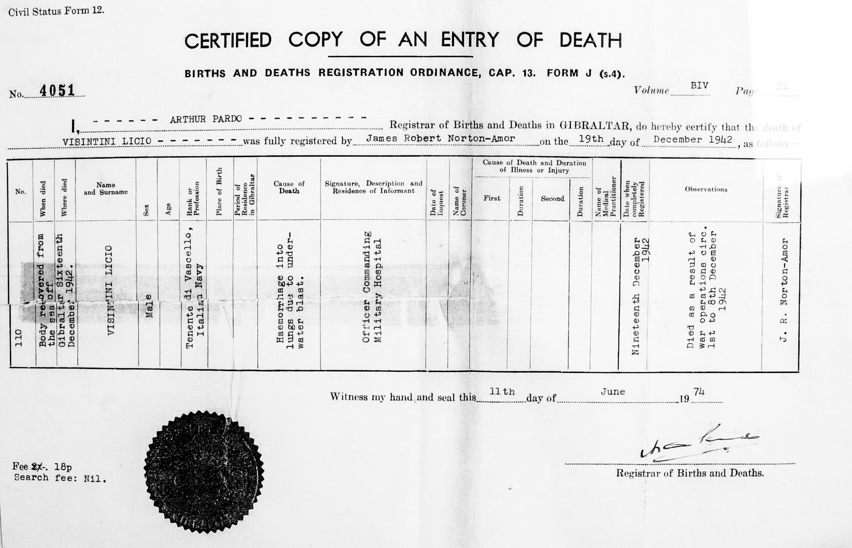 Certificato di morte Licio Visintini