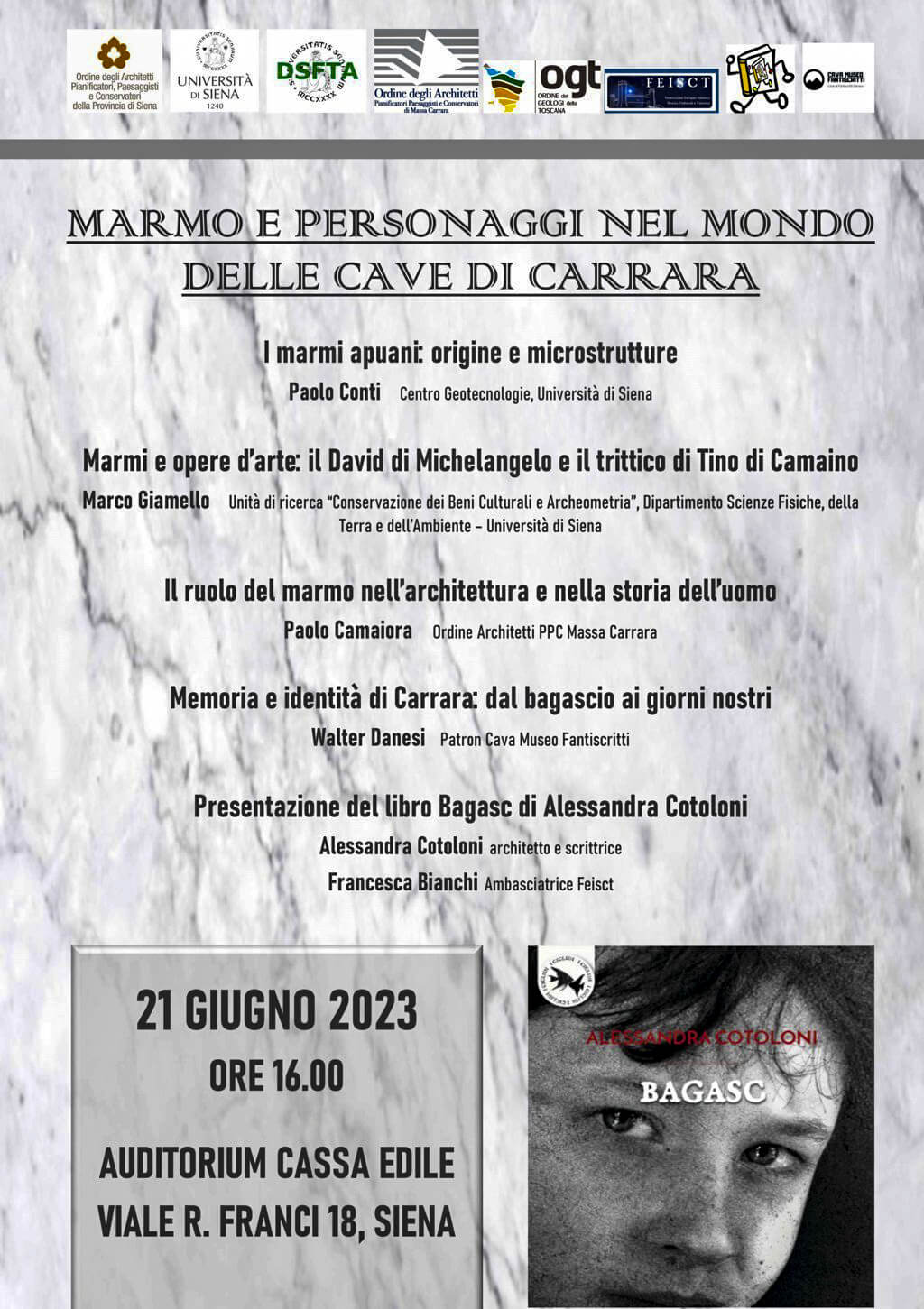 Locandina conferenza 21 giugno Marmo e personaggi nel mondo delle cave di Carrara